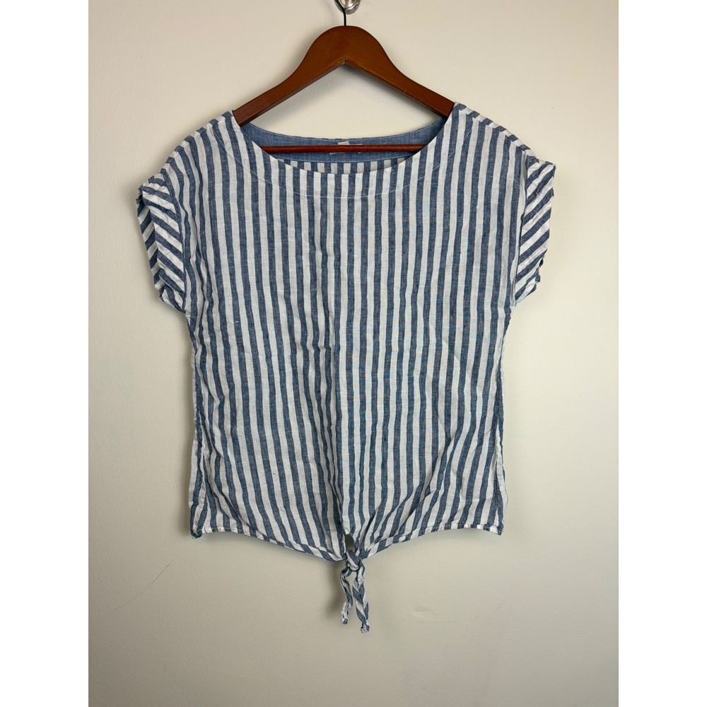 LL Bean Top XS Blue White Striped Linen Tie Front Nautical Boatneck Lagenlook